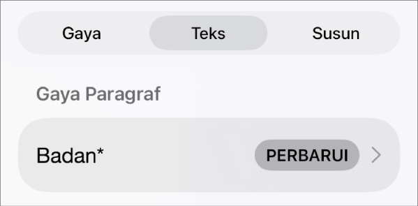 Gaya paragraf dengan asterisk di sampingnya dan tombol Perbarui di sebelah kanan.