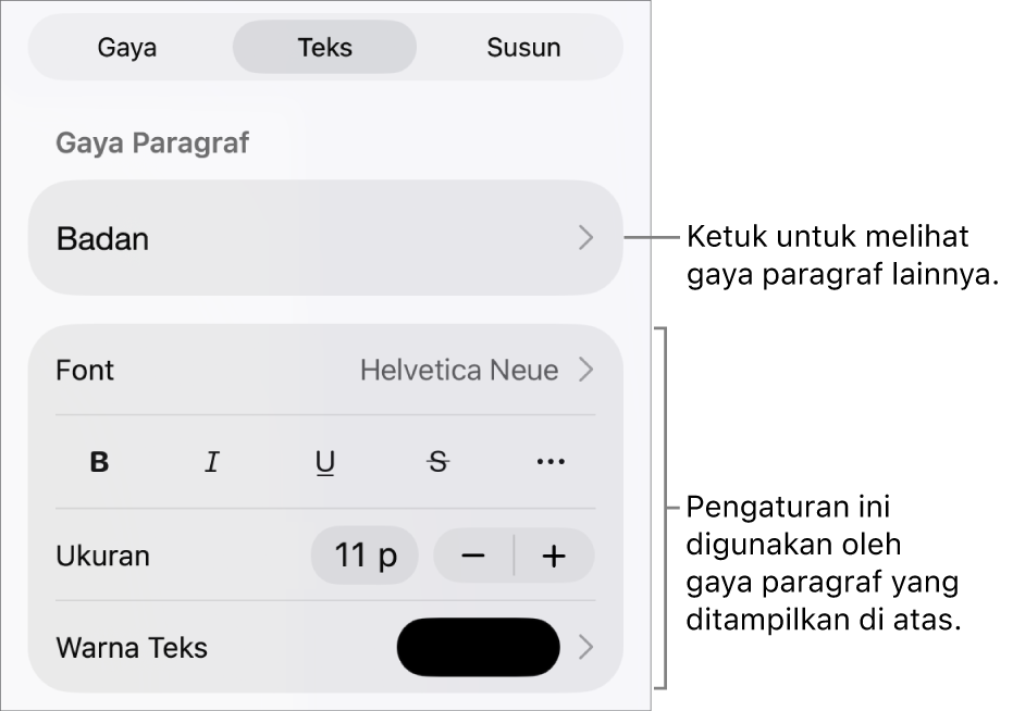 Menu Format menampilkan kontrol teks untuk mengatur paragraf dan gaya karakter, font, ukuran, dan warna.