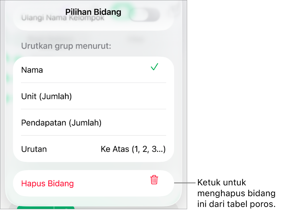 Menu Pilihan Bidang, menampilkan kontrol untuk mengelompokkan dan mengurutkan data, serta pilihan untuk menghapus bidang.