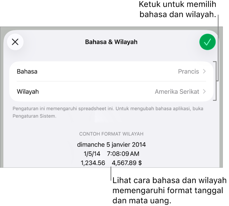 Panel Bahasa dan Wilayah dengan kontrol untuk bahasa dan wilayah, serta contoh format termasuk tanggal, waktu, desimal, dan mata uang.