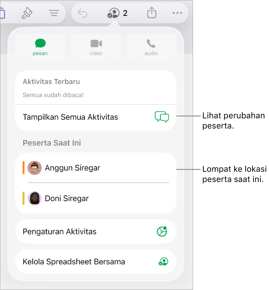 Menu kolaborasi dengan peserta saat ini terdaftar.