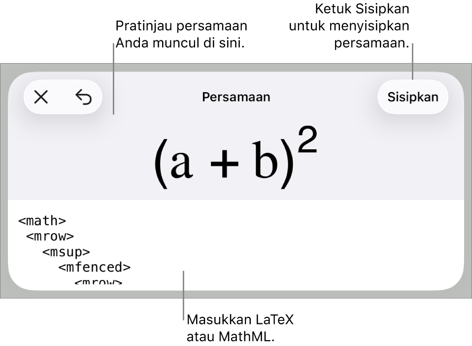 Dialog Persamaan, menampilkan sebuah persamaan ditulis menggunakan perintah MathML, dan pratinjau formula di atas.