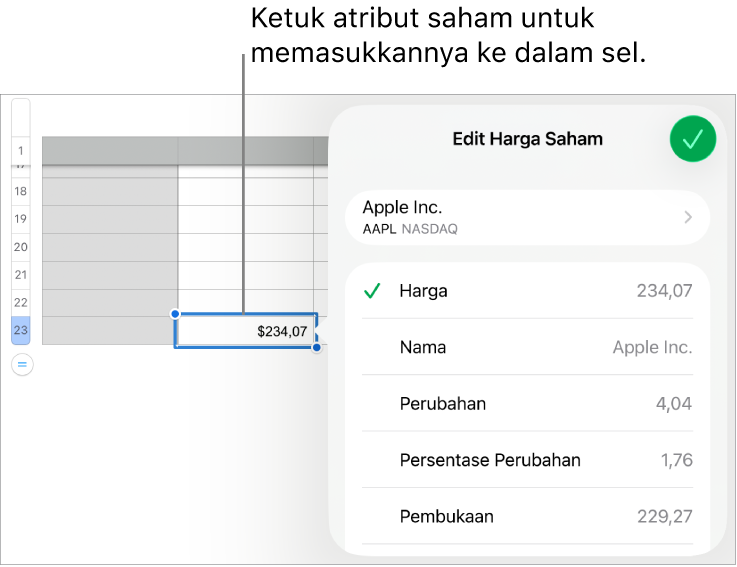Popover harga saham, dengan nama saham di bagian atas, dan atribut saham yang dapat dipilih meliputi harga, nama, perubahan, persentase perubahan, pembukaan, dan tinggi dicantumkan di bawah.