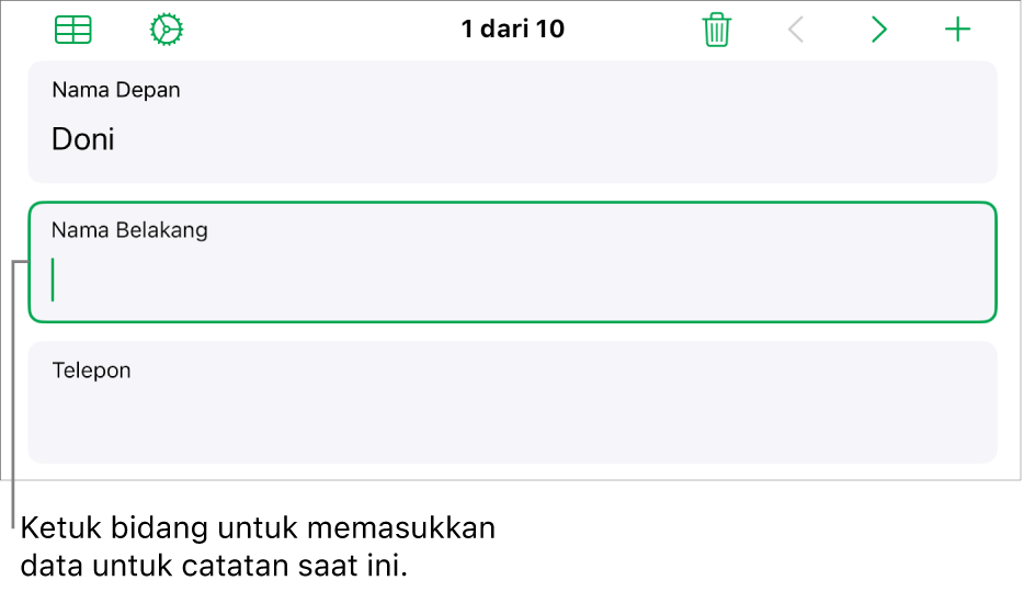 Catatan di formulir menampilkan bidang aktif dengan titik penyisipan.