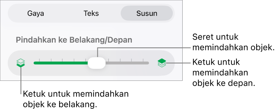 Tombol Pindahkan ke Belakang, tombol Pindahkan ke Depan, dan penggeser lapisan.