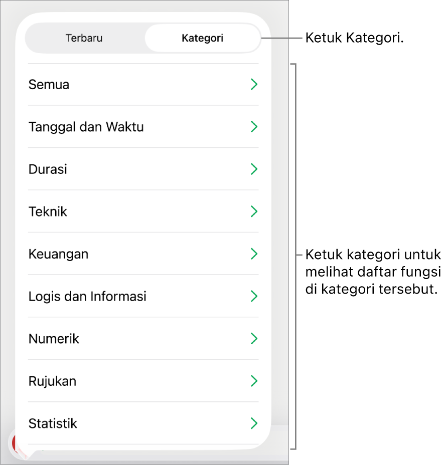 Browser Fungsi dengan tombol Kategori dipilih, dan daftar kategori di bawah.