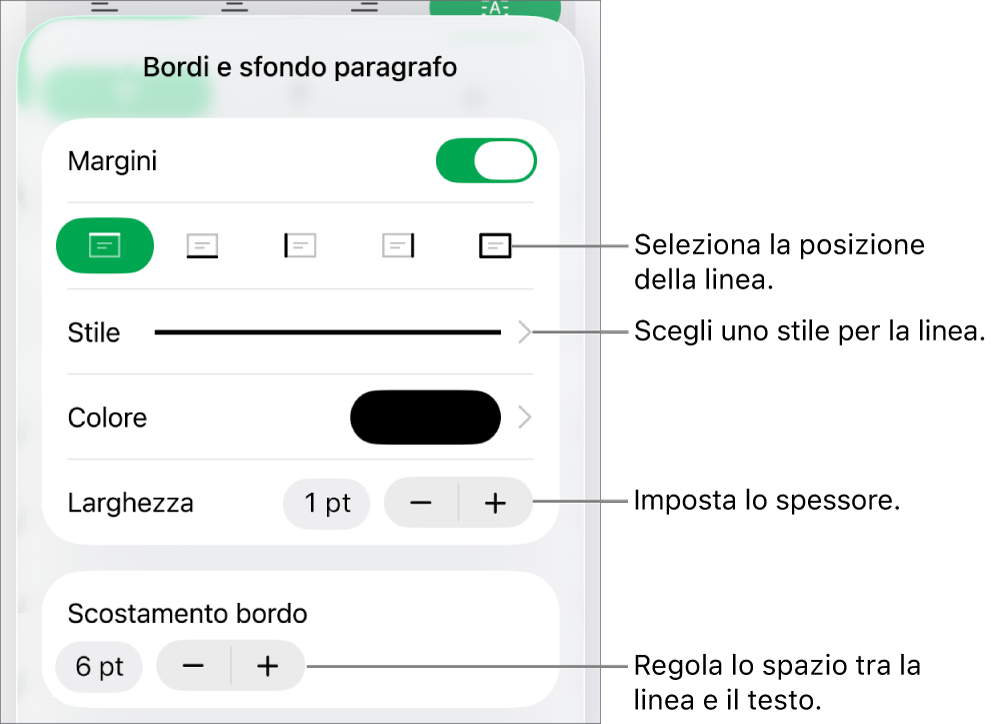 Controlli per modificare lo stile, lo spessore, la posizione e il colore della linea.