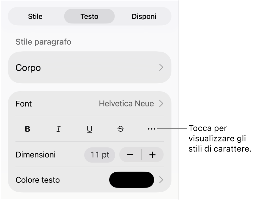 I controlli Formato con gli stili di paragrafo nella parte superiore, quindi i controlli Font. Sotto Font sono presenti i pulsanti Grassetto, Corsivo, Sottolineato, Barrato e “Altre opzioni di testo”.