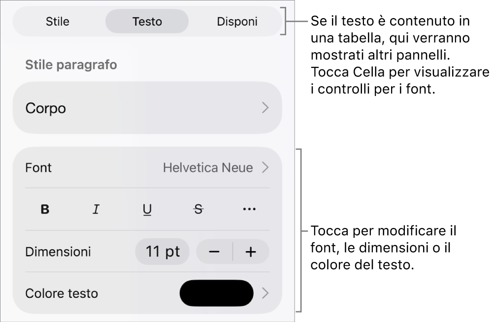 Controlli di testo nel menu Formattazione per impostare stili di carattere e paragrafo, font, dimensione e colore.