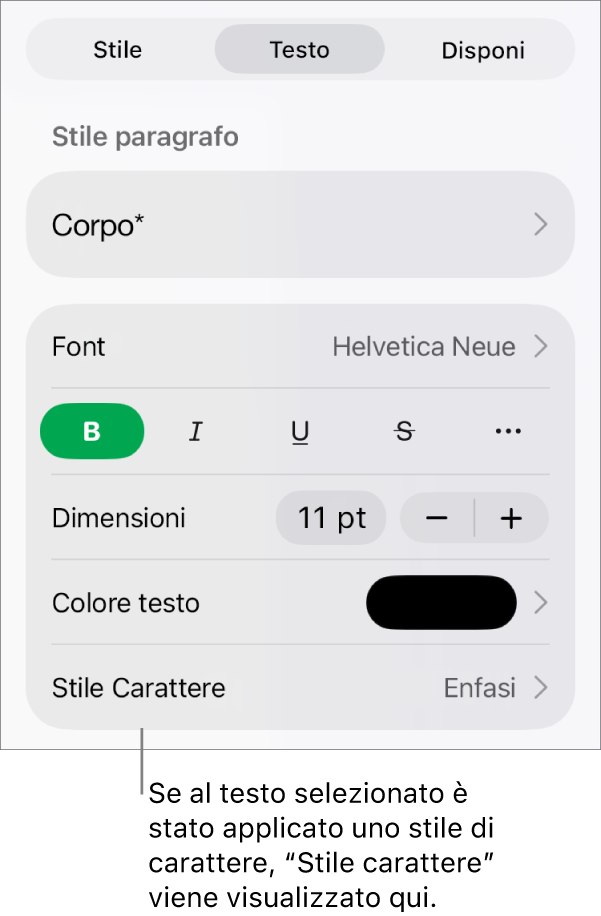 Controlli di Formato con “Stile carattere” sotto i controlli di Colore. Stile carattere Nessuno compare con un asterisco.