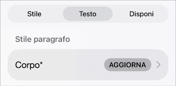 Stile paragrafo con un asterisco vicino e un pulsante Aggiorna sulla destra.