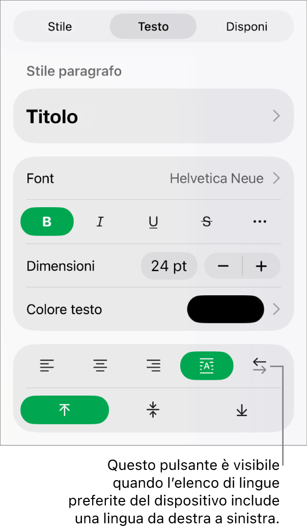 Sezione Stile del pulsante Formato con una didascalia per il pulsante “Da destra a sinistra”.