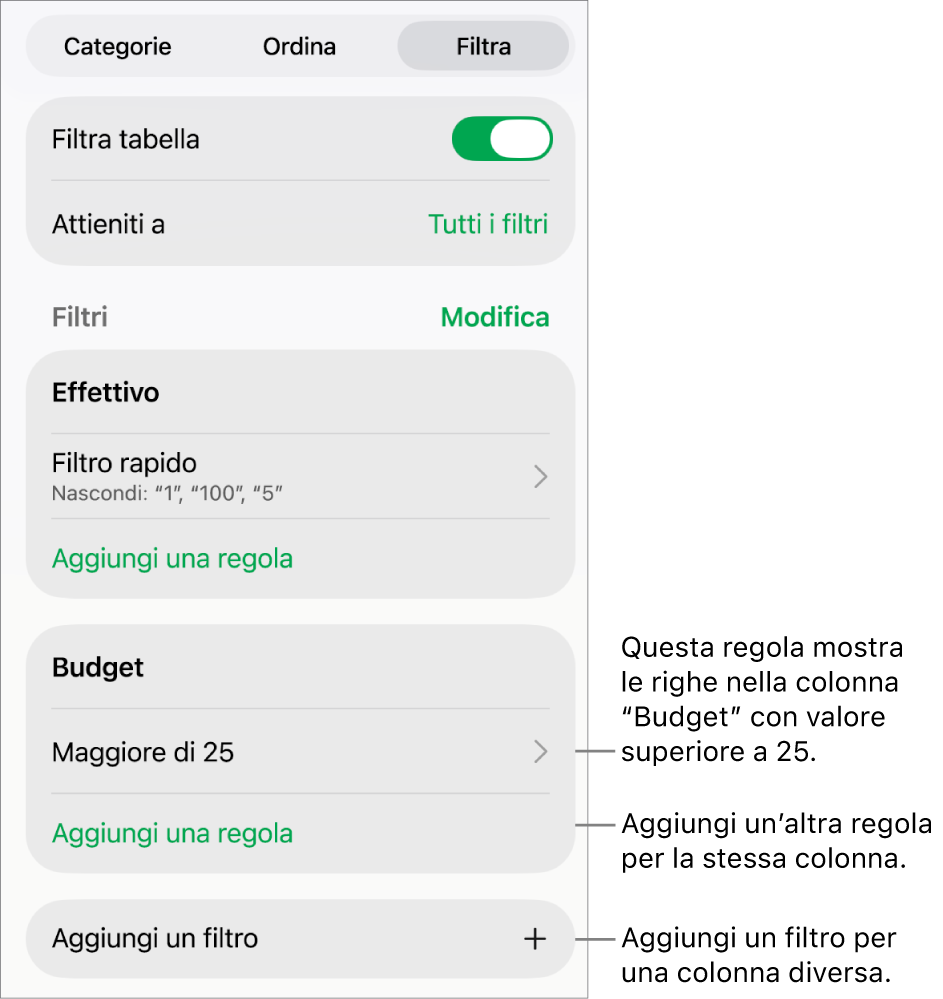 Controlli per l’aggiunta di nuove regole di filtro o per modificare quelle esistenti.