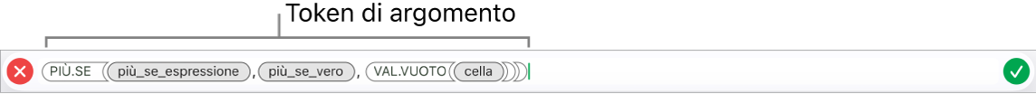 Editor di formule che mostra una funzione con blocchi di argomenti.