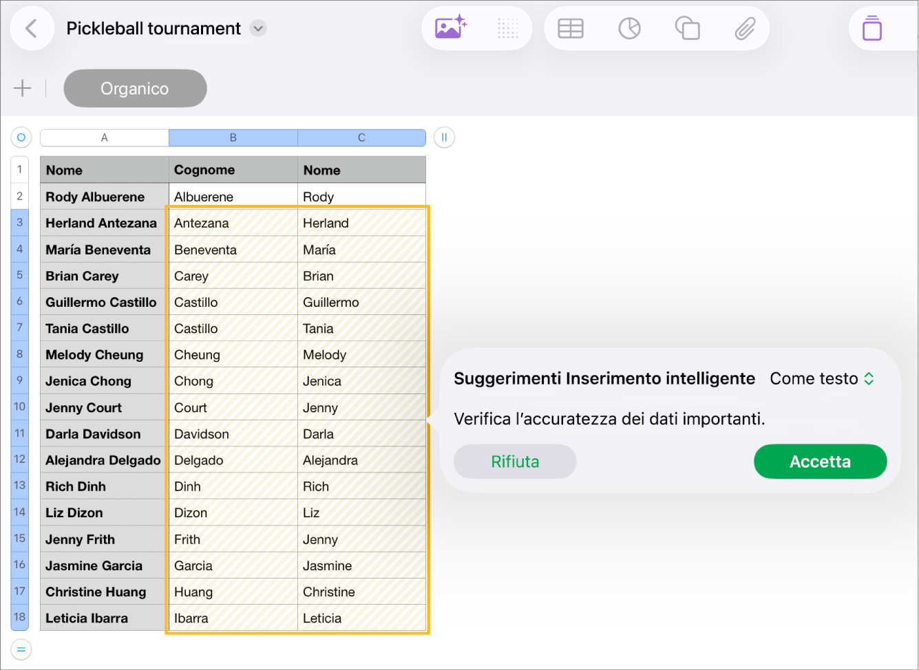 Un foglio di calcolo con i nomi evidenziati e il menu a comparsa “Suggerimenti Inserimento intelligente”, che consente di accettarli o rifiutarli.