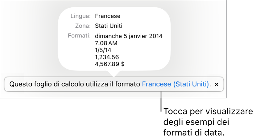 La notifica della diversa impostazione di lingua e zona, con esempi dei formati.