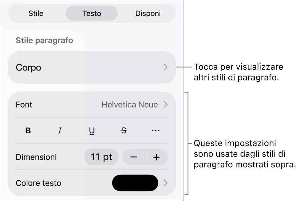 Menu Formato con controlli di testo per impostare stili carattere e paragrafo, font, dimensione e colore.