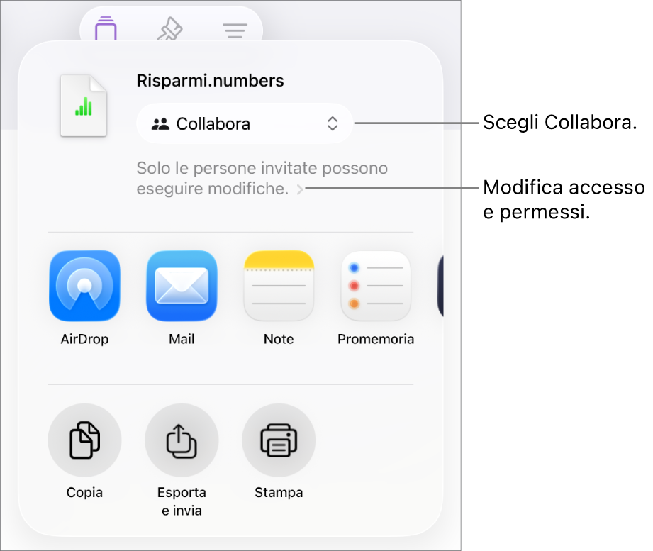 Il menu di condivisone con l’opzione Collabora selezionata in alto e le impostazioni di accesso e dei permessi sotto.