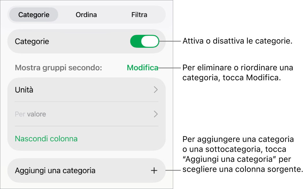Il menu delle categorie in iPad con opzioni per disattivare le categorie, eliminare le categorie, raggruppare i dati, nascondere una colonna sorgente e aggiungere le categorie.