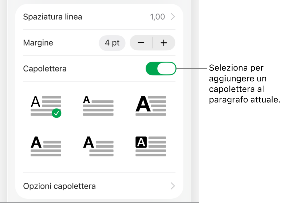 I controlli Capolettera situati nel menu Testo.