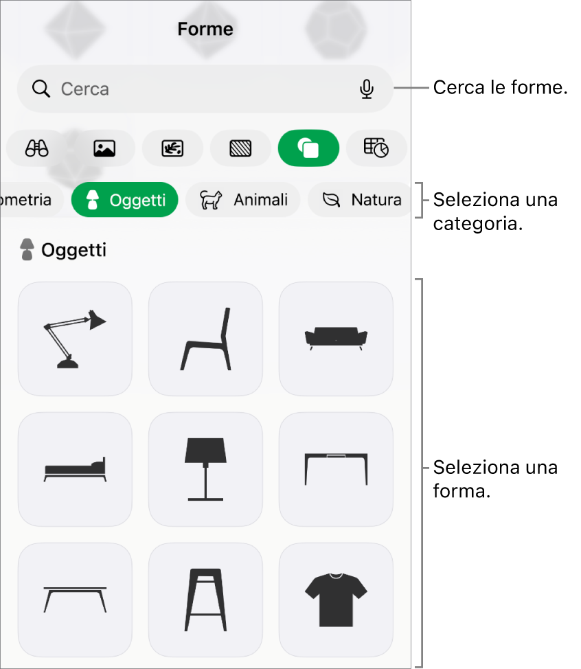 La libreria forme, con le categorie nella parte superiore e le forme visualizzate sotto. Puoi usare il campo di ricerca nella parte superiore per trovare forme e scorrere per visualizzarne di più.
