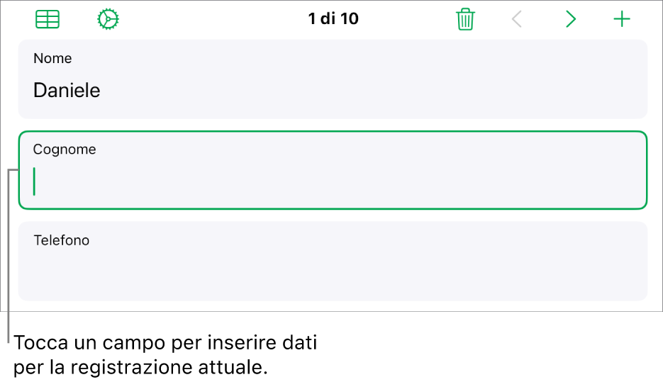 Una registrazione in un modulo che mostra un campo attivo con un punto di inserimento.