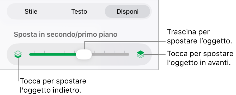 Pulsante sposta indietro, pulsante sposta avanti e cursore livelli.