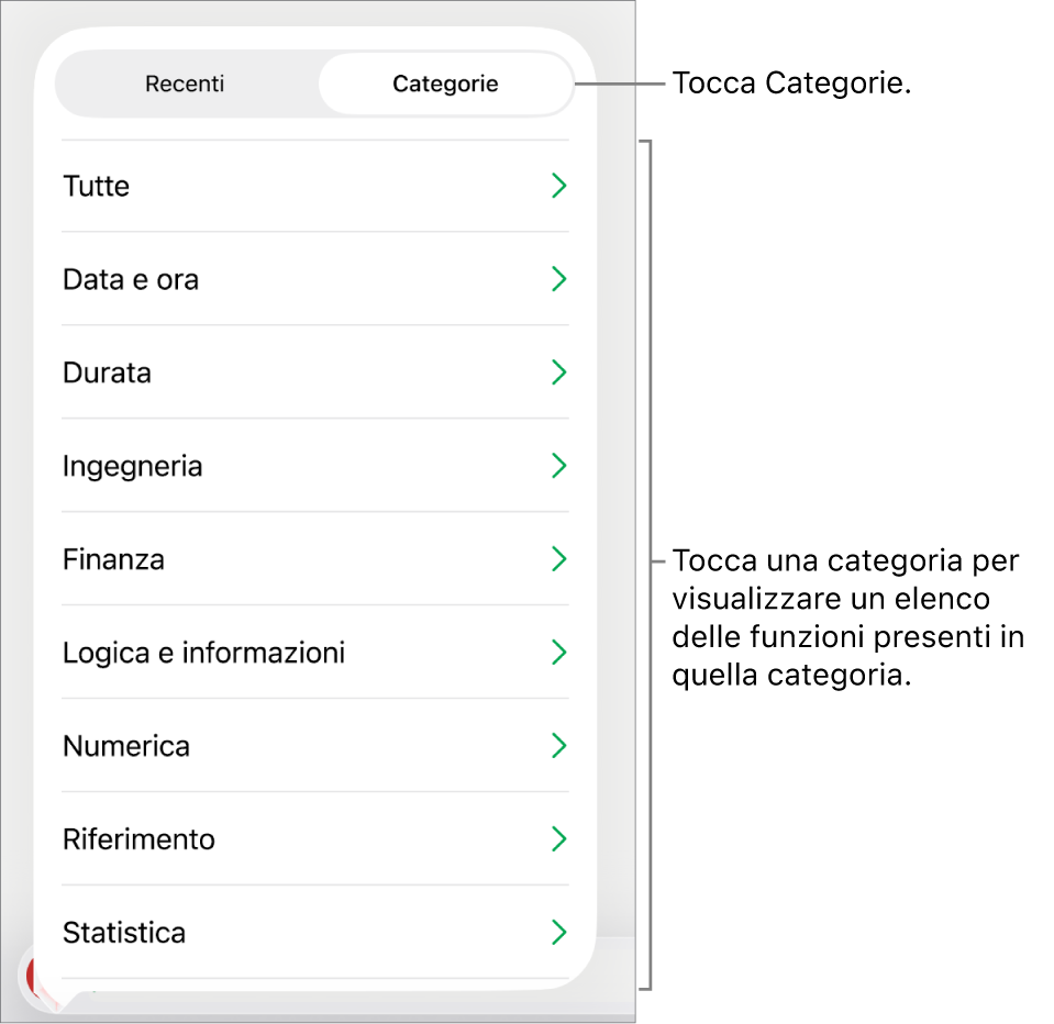 Il browser funzioni con il pulsante Categorie selezionato e l’elenco delle categorie sotto.