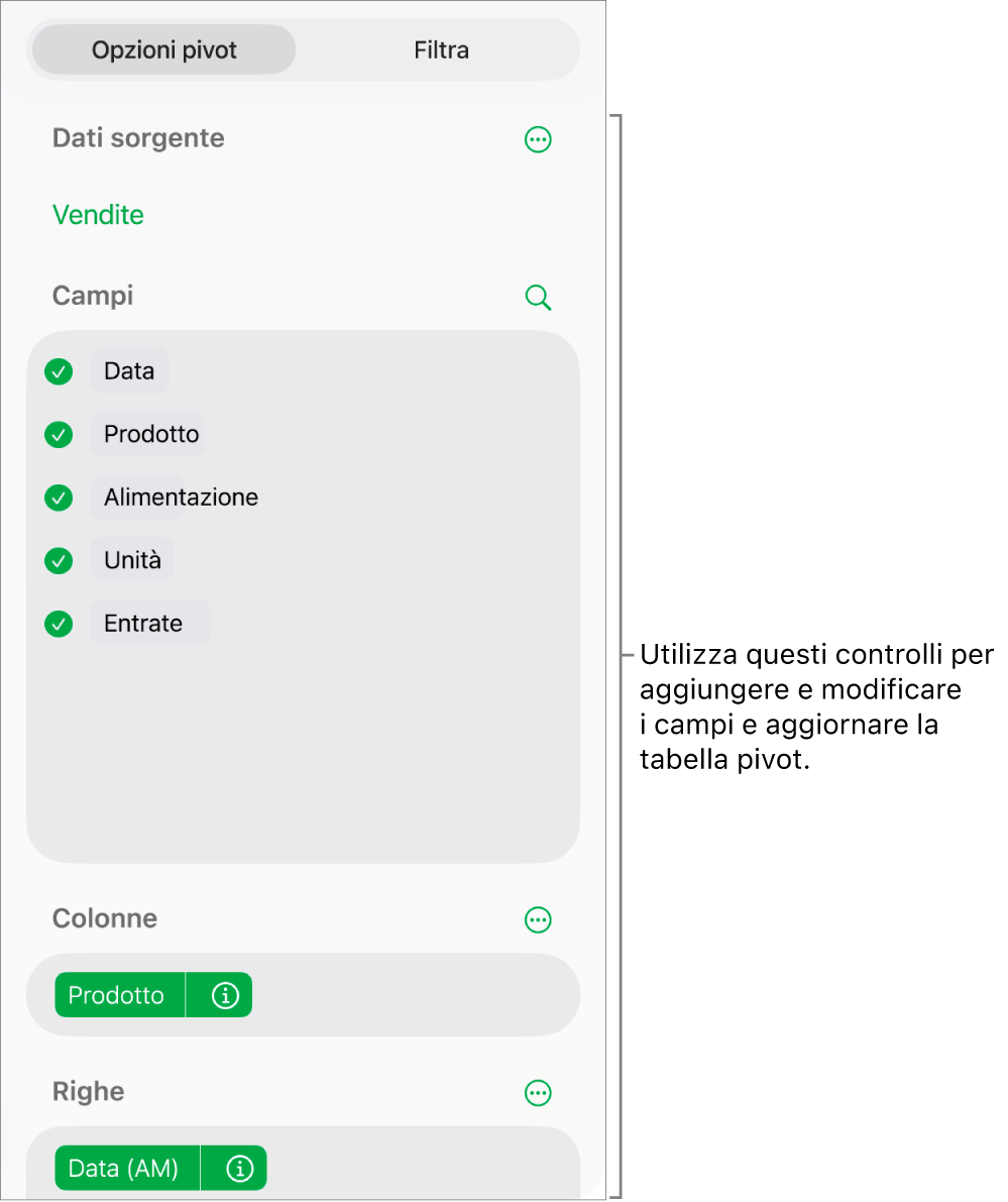 Il menu “Opzioni pivot” che mostra campi nelle sezioni Colonne, Righe e Valori, nonché i controlli per modificare i campi.