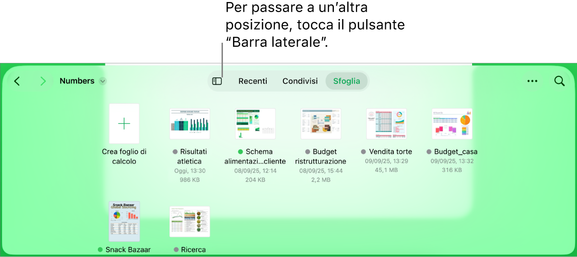 La vista Sfoglia del gestore documenti con il pulsante della barra laterale nell’angolo in alto a sinistra. Il pulsante Aggiungi, “Nuova cartella”, i pulsanti Icone (per ordinare per nome, data, dimensioni o tag), il pulsante Seleziona e Cerca si trovano in alto a destra.