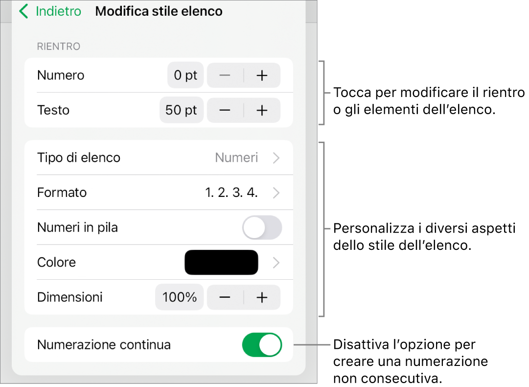 Il menu “Modifica stili elenco” con controlli per la spaziatura del rientro, tipo di elenco e formato, numeri in pila, colore e dimensione elenco e numerazione continua.