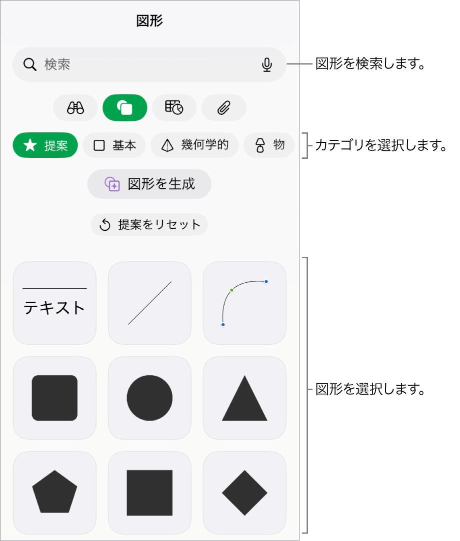 図形ライブラリ。上部にカテゴリがあり、下に図形が表示されています。上部の検索フィールドを使って図形を探したり、スワイプしてほかの図形を表示したりできます。
