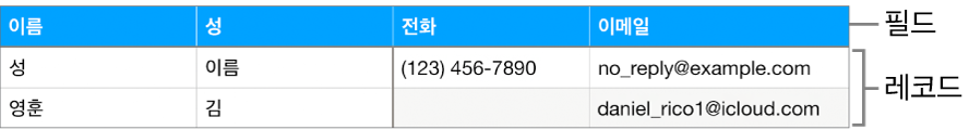 서식을 사용할 수 있도록 적절하게 설정된 필드 레이블을 포함하는 머리말 행이 있는 표와 스포츠 팀 명단의 연락처 정보가 표시된 레코드 목록.
