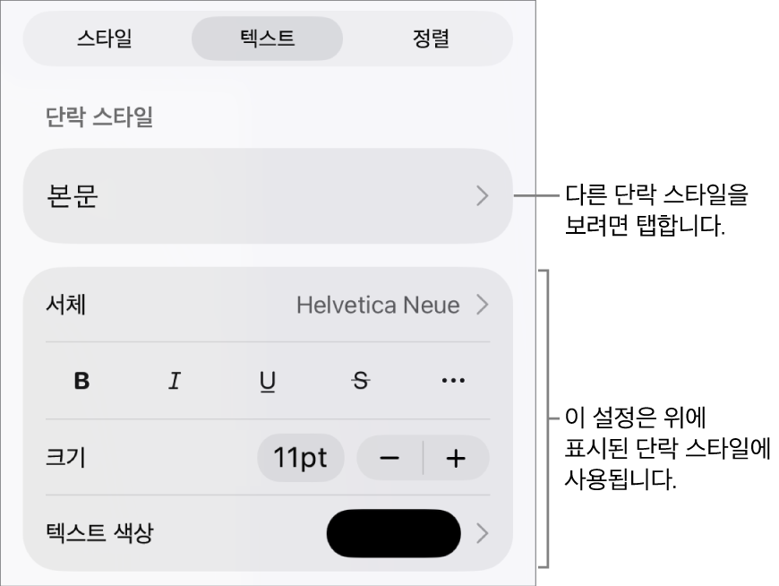 단락 및 문자 스타일, 서체, 크기 및 색상을 설정할 수 있는 텍스트 제어기를 표시하는 포맷 메뉴.