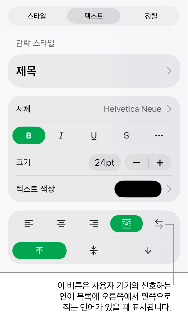 오른쪽에서 왼쪽으로 버튼에 설명이 있는 포맷 메뉴의 스타일 섹션.