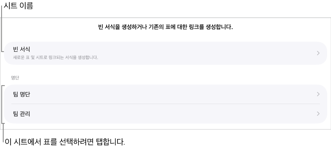 상단에 빈 서식을 생성하는 옵션이 있는 동일한 스프레드시트에 있는 표 목록.