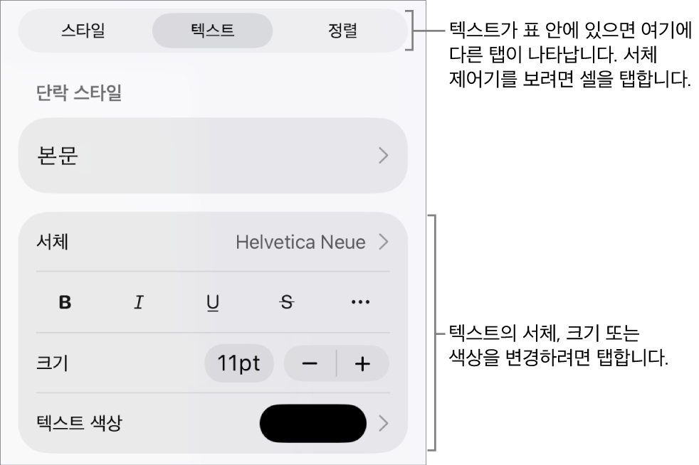 포맷 메뉴에 있는 단락, 문자 스타일, 서체, 크기 및 색상을 설정할 수 있는 텍스트 제어기.