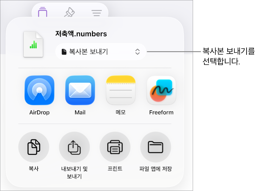 상단에 복사본 보내기가 선택되어 있는 공유 메뉴.