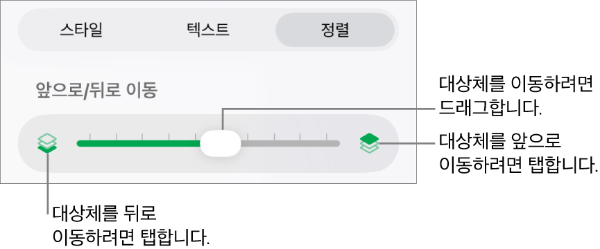 뒤로 이동 버튼, 앞으로 이동 버튼, 레이어 슬라이더.