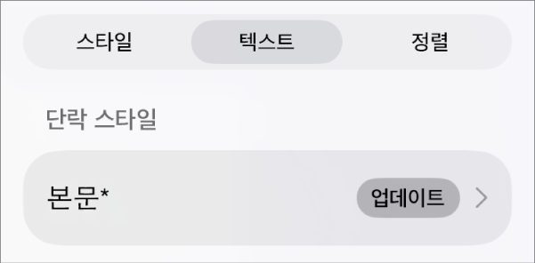 옆에 별표가 있고 오른쪽에 업데이트 버튼이 있는 단락 스타일.