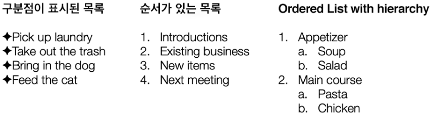 구분점, 정렬, 계층으로 정렬된 목록의 예제입니다.
