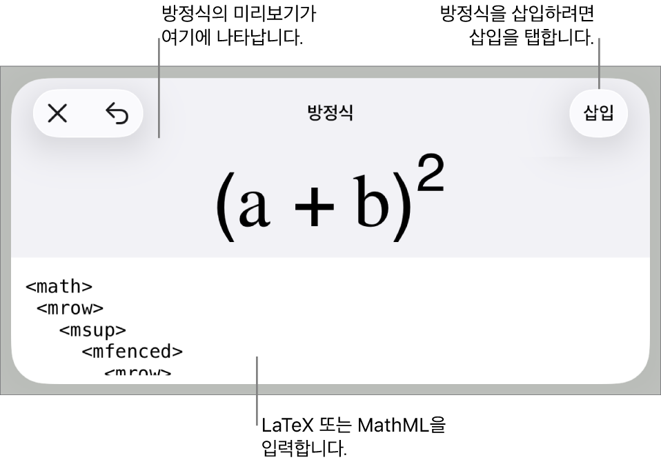 MathML 명령어를 사용하여 적은 방정식 및 그 위에 공식 미리보기를 표시하는 방정식 대화상자.