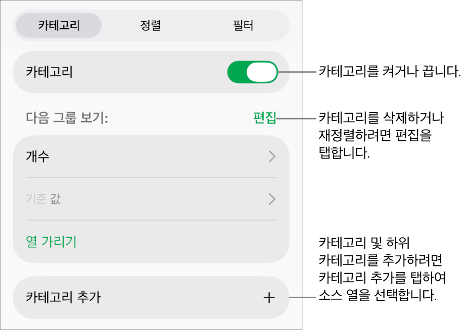카테고리 끄기, 카테고리 삭제, 데이터 재그룹화, 소스 열 가리기 및 카테고리 추가 옵션이 있는 iPad용 카테고리 메뉴.