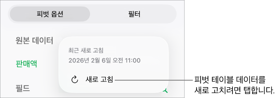 피벗 테이블을 새로고침할 수 있는 옵션을 표시하는 피벗 옵션 메뉴.