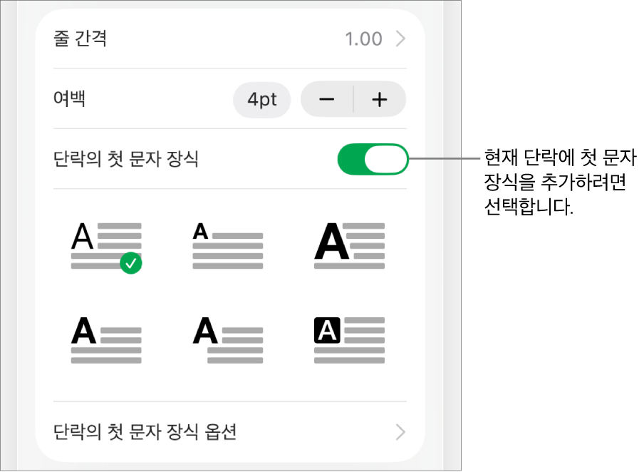 텍스트 메뉴에 위치한 ‘단락의 첫 문자 장식’ 제어기.