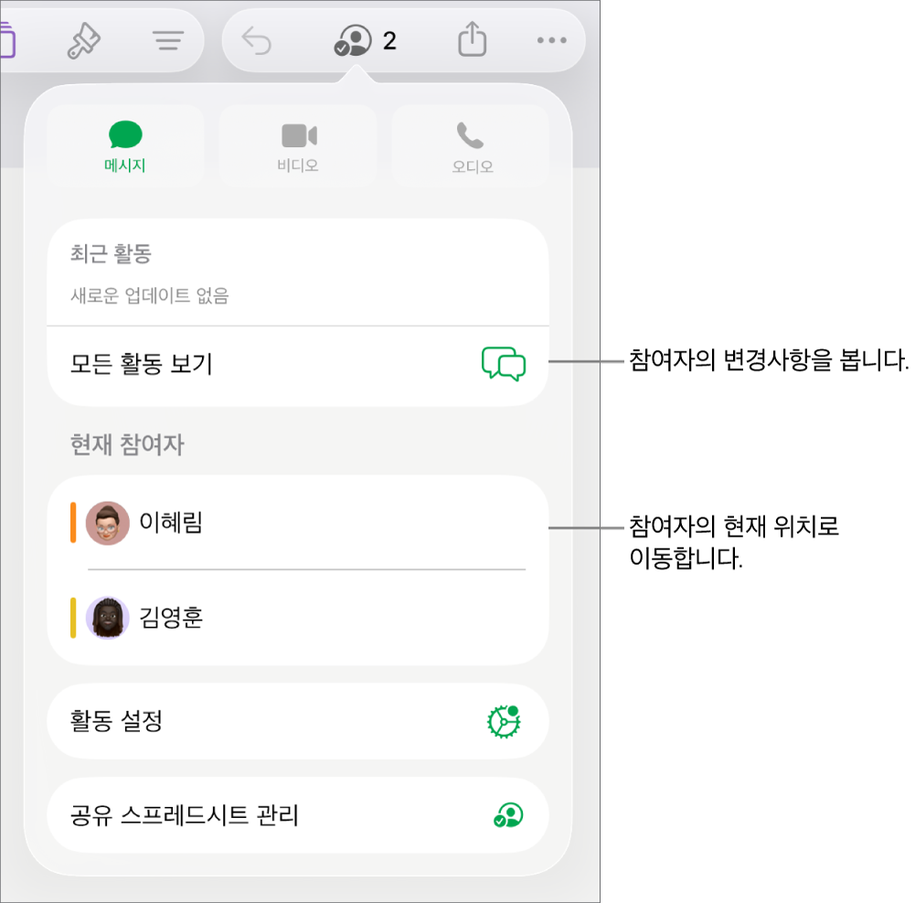 현재 참여자가 나열된 공동 작업 메뉴.
