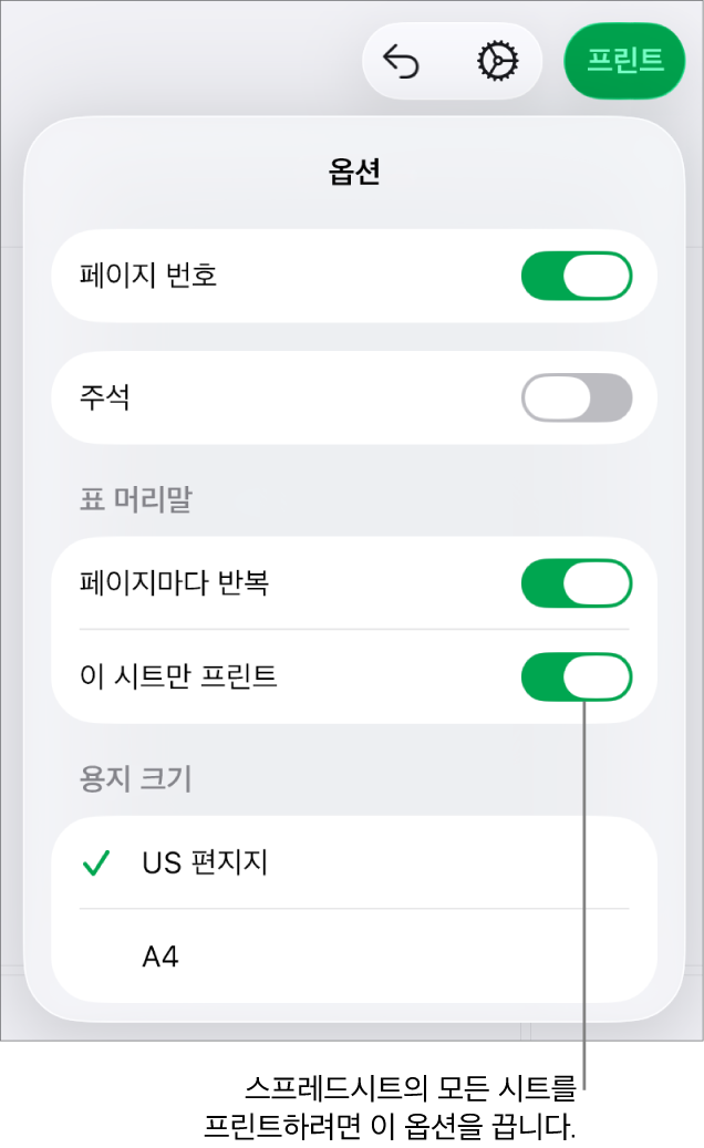 페이지 번호를 표시하거나, 각 페이지에 머리말을 반복하거나, 용지 크기를 변경하거나, 전체 스프레드시트를 프린트할지 아니면 현재 시트만 프린트할지 선택할 수 있는 제어기가 있는 프린트 미리보기 패널.
