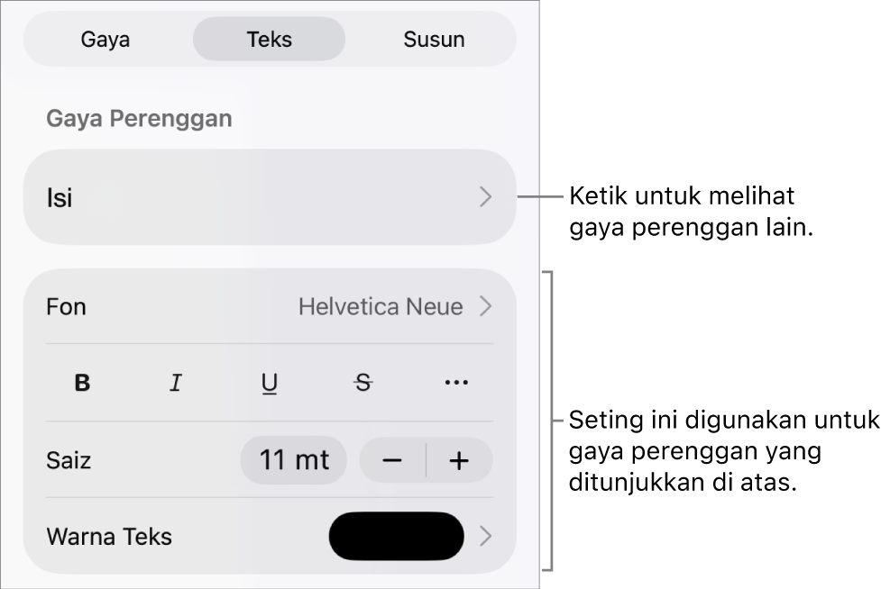 Menu Format menunjukkan kawalan teks untuk mengesetkan perenggan dan gaya, fon, saiz dan warna aksara.