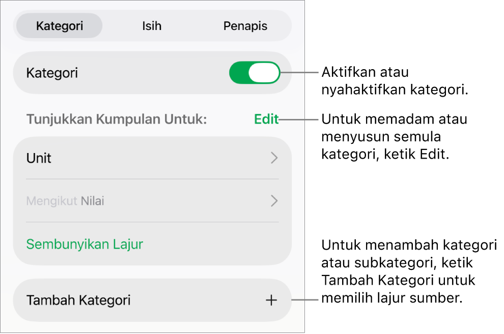 Menu Kategori untuk iPad dengan pilihan untuk menyahaktifkan kategori, memadam kategori, mengumpul semula data, menyembunyikan lajur sumber dan menambah kategori.