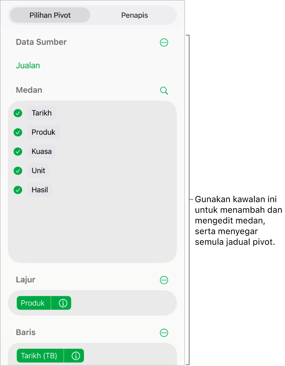 Menu Pilihan Pivot menunjukkan medan dalam bahagian Lajur, Baris dan Nilai, juga kawalan untuk mengedit medan.